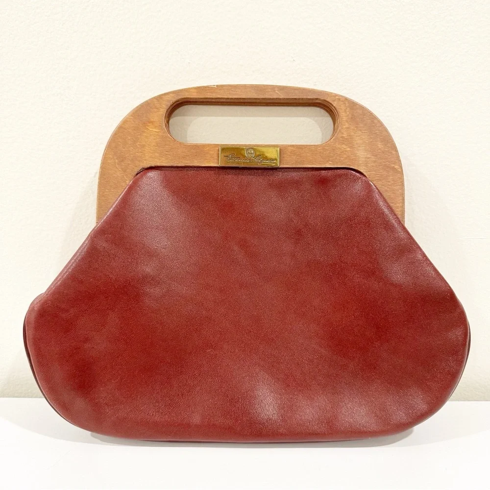 Etienne Aigner Vintage Leather Wooden Elegant Red Clutch Handbag - Picture 1 of 11